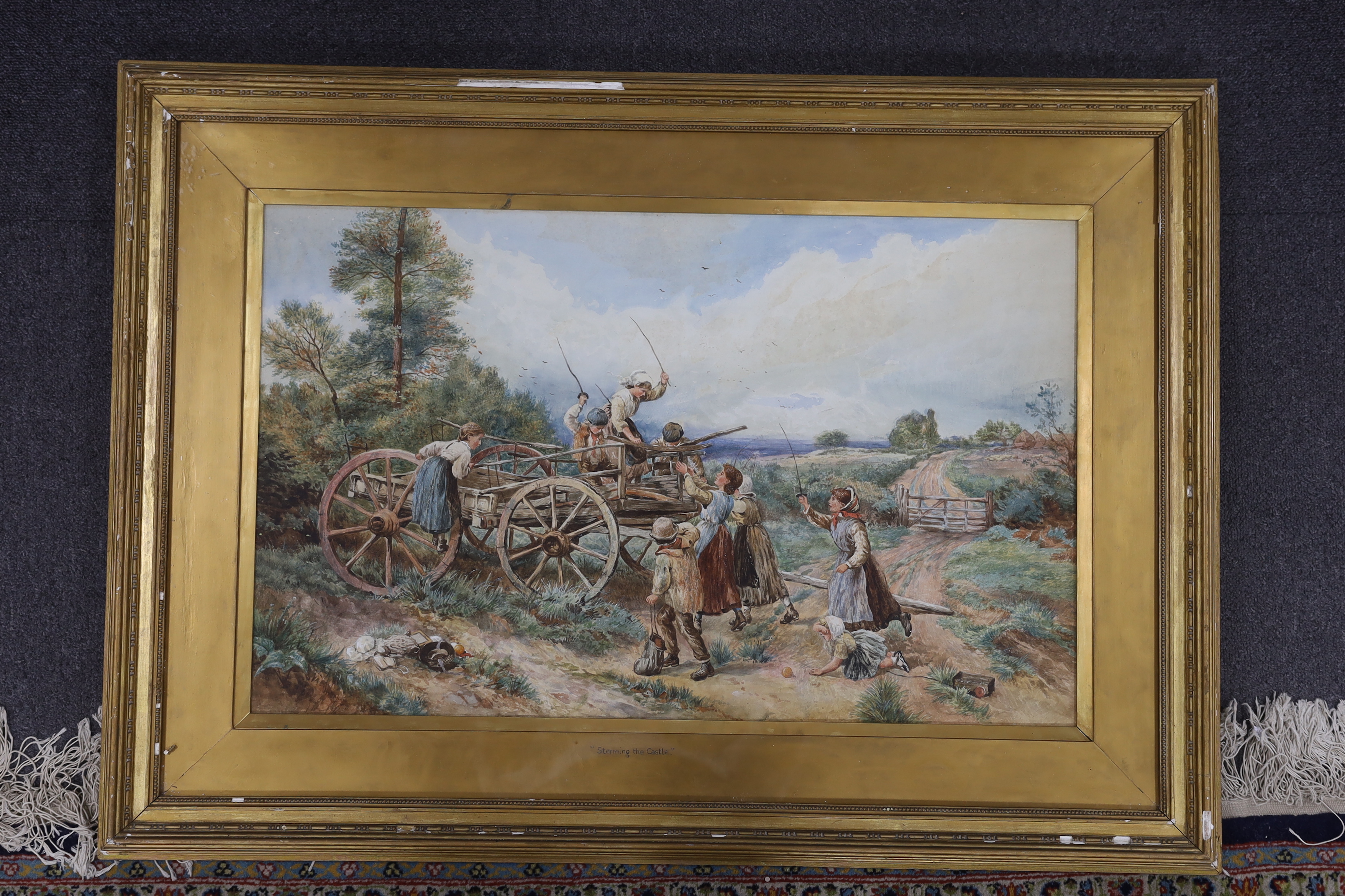 After Myles Birket Foster RWS (1825-1899), watercolour, 'Storming the Castle', unsigned, inscribed to the mount, gilt framed, 42 x 68cm